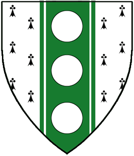 Ermine, on a pale endorsed vert three roundels argent.