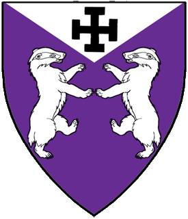Purpure, two brocks combatant and on a chief triangular argent a cross potent sable.