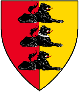 Per pale gules and Or, in pale three lions couchant contourny sable, the middle one gorged of a coronet argent.