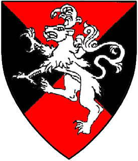 Per saltire gules and sable, a calygreyhound rampant argent.