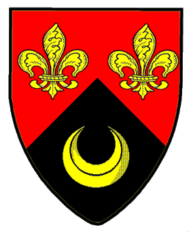 Per chevron gules and sable, two fleurs-de-lys and a crescent Or.