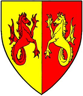 Per pale Or and gules, two seahorses respectant counterchanged.