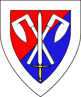 Per bend sinister gules and azure, two adzes in saltire argent surmounted by a sword proper, a bordure argent.