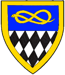 Per fess azure and lozengy argent and sable, in chief a serpent nowed and a bordure Or.