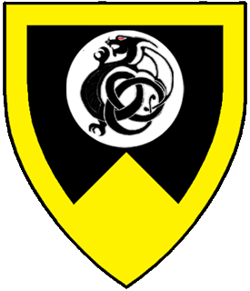 Per chevron abased sable and Or, on a plate a dragon segreant, wings voided, sable within a bordure Or.
