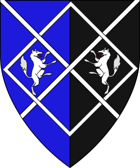 Per pale azure and sable, within a fret two foxes combatant argent.