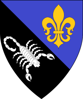 Per bend azure and sable, a fleur-de-lys Or and a scorpion bendwise inverted argent.