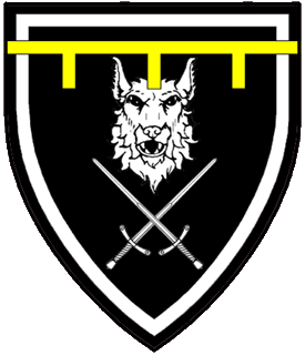 Sable, in pale a wolf's head cabossed and two swords in saltire within an orle argent overall a label Or.