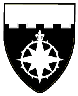 Sable, a compass rose and a chief embattled argent.