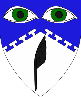 Per chevron potenty azure and argent, two eyes argent irised vert and a pen sable.