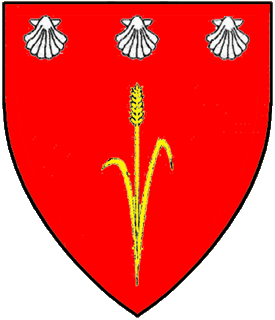 Gules, a wheat stalk slipped and leaved Or and in chief three escallops argent.
