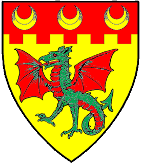 Or, a wyvern passant vert bellied and wings displayed, on a chief embattled gules three crescents Or.