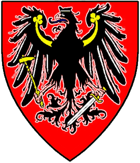 Gules, an eagle displayed sable, fimbriated argent, beaked and membered, grasping in the dexter talon a warhammer Or, and in sinister talon a sword, point in base, proper.