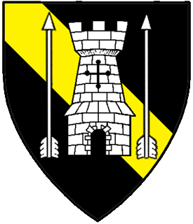 Sable, a bend Or, overall a tower between two arrows inverted argent.