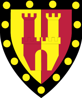 Per pale Or and gules, a castle counterchanged and a bordure sable bezanty.