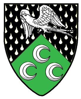 Per chevron sable goutty d'eau and vert, in chief a martlet rising, wings displayed, and in base three decrescents one and two argent.