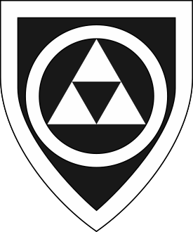 Sable, three triangles conjoined one and two within and conjoined to an annulet, a bordure argent.