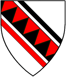Argent, a bend per bend indented throughout gules and sable cotised the upper sable and the lower gules.