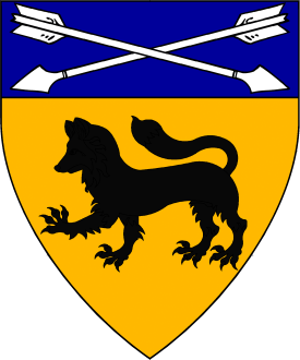 Or, a fox passant sable, on a chief azure two arrows in saltire argent Device or arms for Yu San Mi