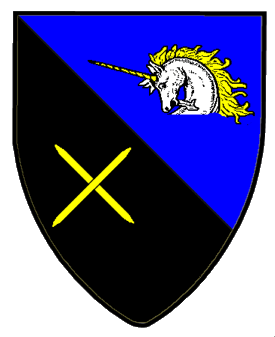 Per bend azure and sable, a unicorn's head couped argent, armed and crined, and two double-pointed knitting needles in saltire Or.