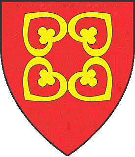 Gules, in saltire four hearts conjoined points outwards Or each charged with a seeblatt point outwards gules.