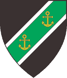 Sable, on a bend sinister vert fimbriated argent two anchors palewise Or.