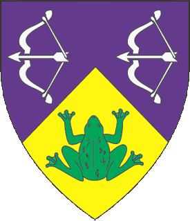 Per chevron purpure and Or, two drawn bows with arrows nocked argent and a frog vert.