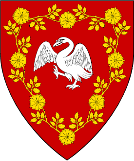 Gules, a swan rising wings displayed argent within an orle of rose vine Or