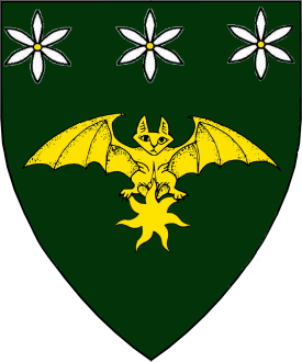 Vert, a reremouse maintaining in its feet an estoile of seven rays Or, in chief three ramson flowers argent seeded Or