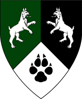 Per pall inverted vert, sable and argent, two lynxes combattant argent and a pawprint sable